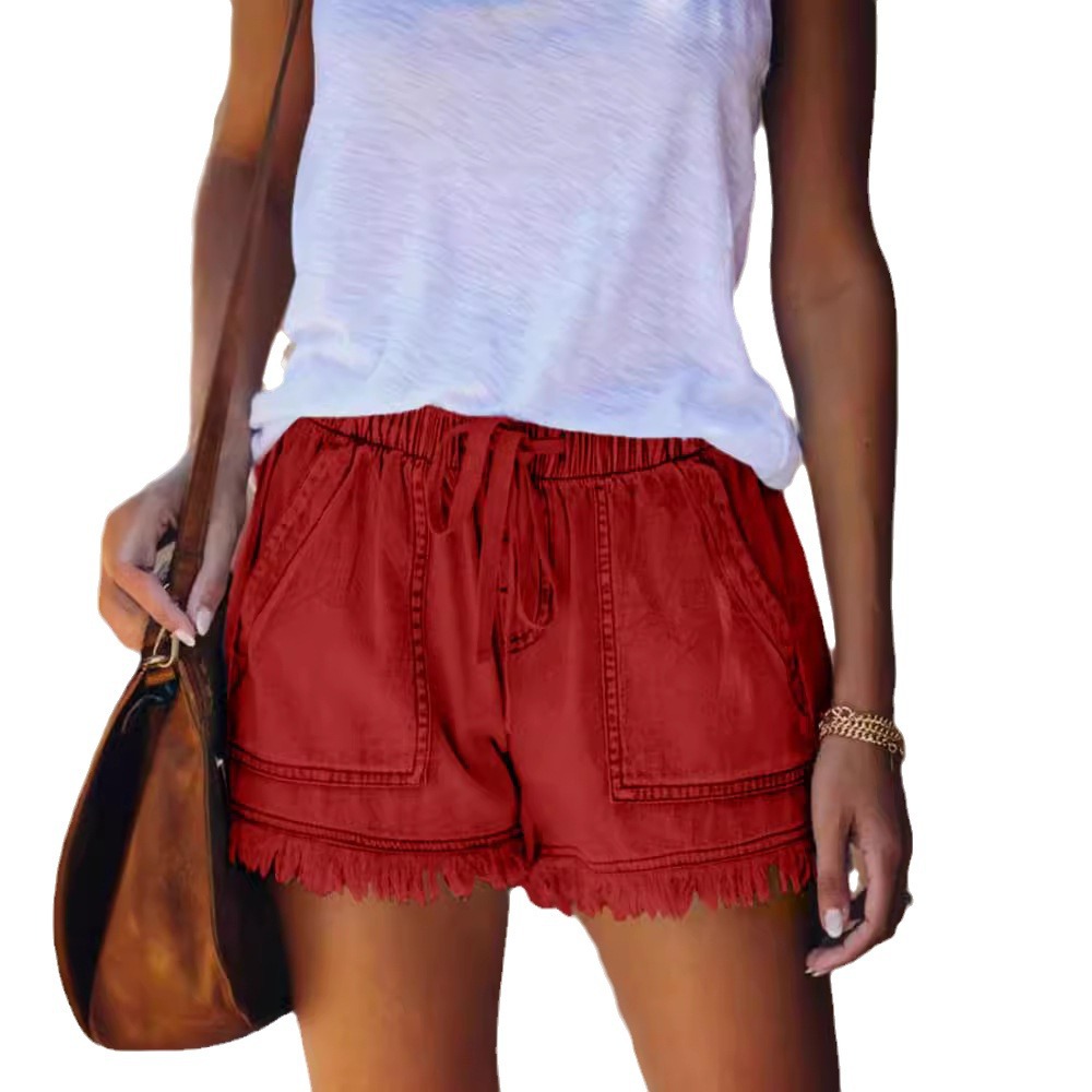Picture of European and American Foreign Trade Cross-Border Supply Elastic Waist Casual High Waist Slim Tassel Denim Shorts for Women