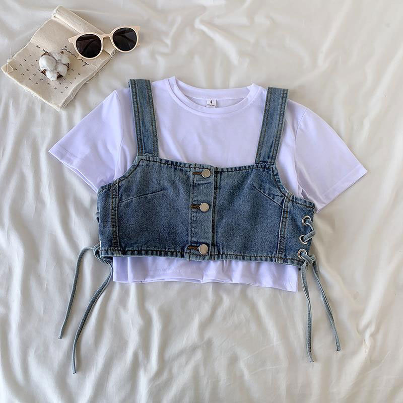 Lace-up slim-fit short outer wear Denim sling female Korean style niche design single-breasted hot girl stacked vest female
