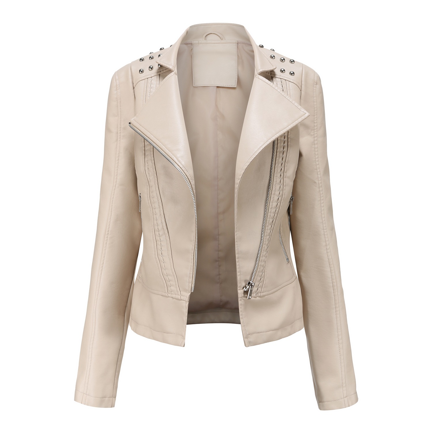 Picture of Boutique leather clothing Women Beaded Leather Jacket Lapel Spring and Autumn High-grade PU Leather Jacket