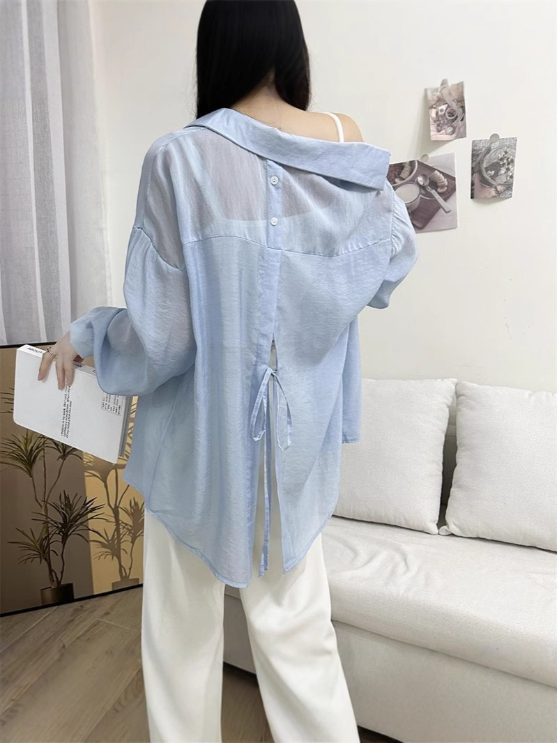 Thin Tencel Long-sleeved Sun-protective Clothing Women's Outer Wearing Summer Design Sense Back Split Lace-up Shirt Ultra-light Top