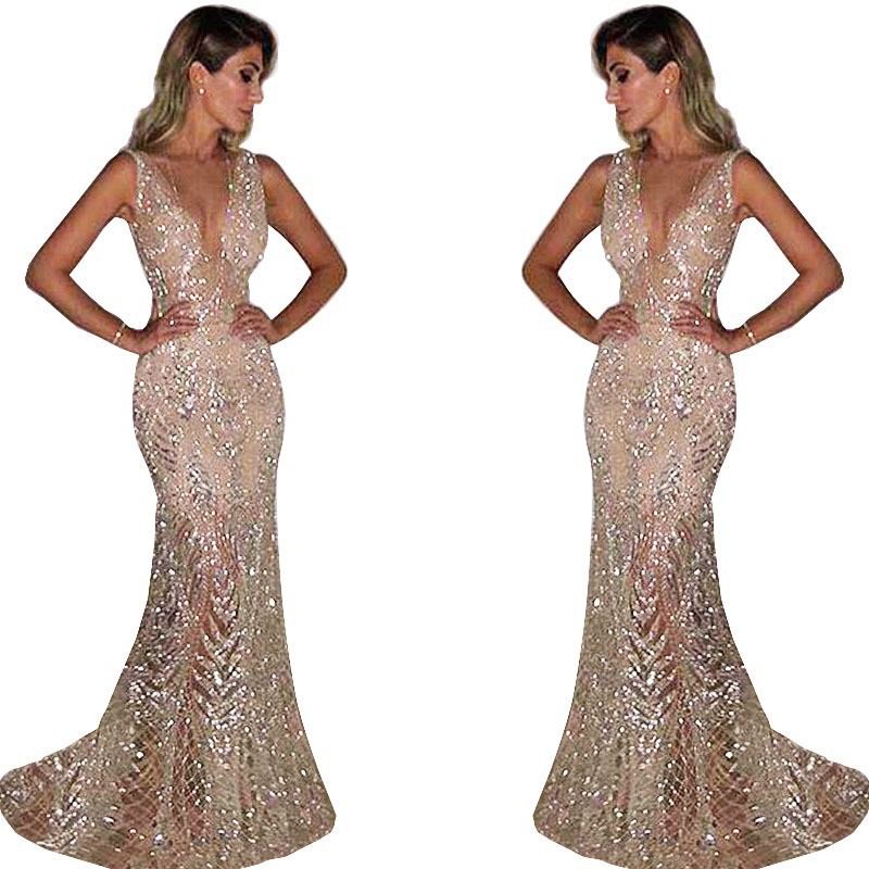 Picture of 2025 Summer Annual Party Evening Dress Women's Long Sleeveless Foreign Trade Women's Amazon Sexy Deep V Sequin Dress
