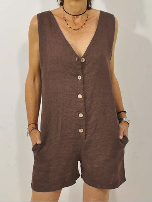 Picture of Amazon European and American Cross-border Jumpsuit 2025 Foreign Trade New Cotton and Linen Casual Pocket Women's Shorts Vest