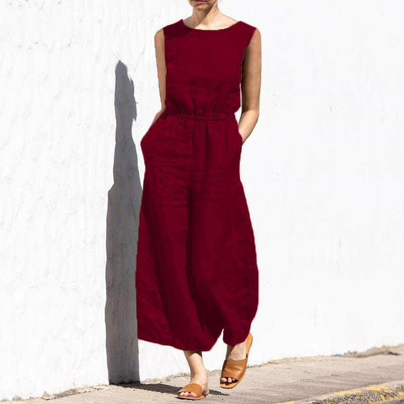 Picture of 2025 Cross-Border European and American Summer Solid Color High-Waisted Sleeveless Long Pants Women's Casual Loose Jumpsuit European and American Style