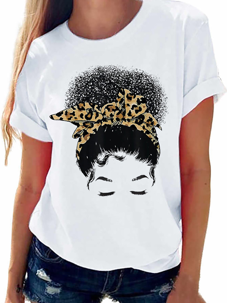 2023 Leopard Print MOM MOM Shrimp Crewneck Printed White T-shirt Short Sleeve Women's Foreign Trade Cross-border ebay Amazon