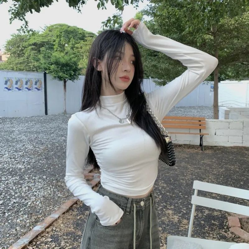 Velvet Half-high Collar Base Shirt Women's Autumn and Winter Inner Tight Slimming Pleated Pure Desire Long-sleeved T-shirt Short Top