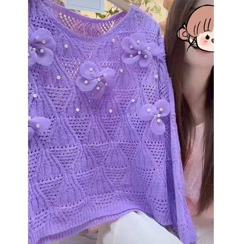 Picture of Lazy Heavy-Duty Sweet Three-Dimensional Loose Floral Beaded Hollow Knit Sweater 2025 New Sweater Top