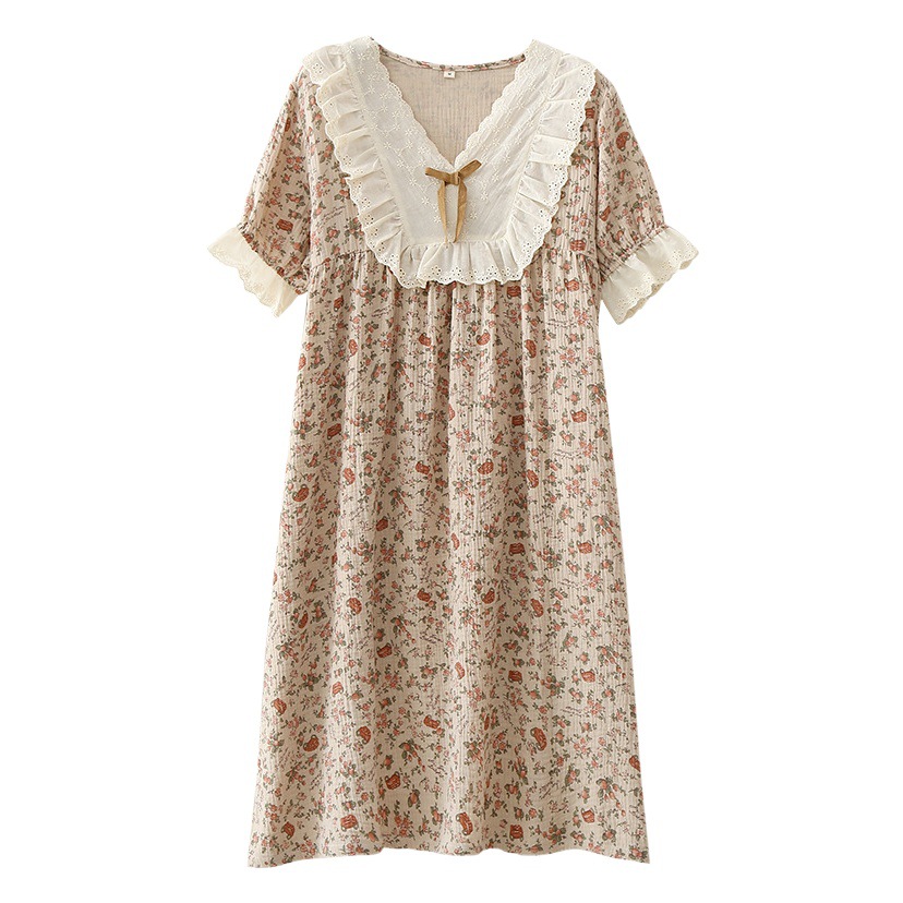 Cotton Nightgown Women's Summer Short-sleeved Pajamas Cotton Cotton Yarn Loose Pullover plus size Home Outer Wearing Skirt
