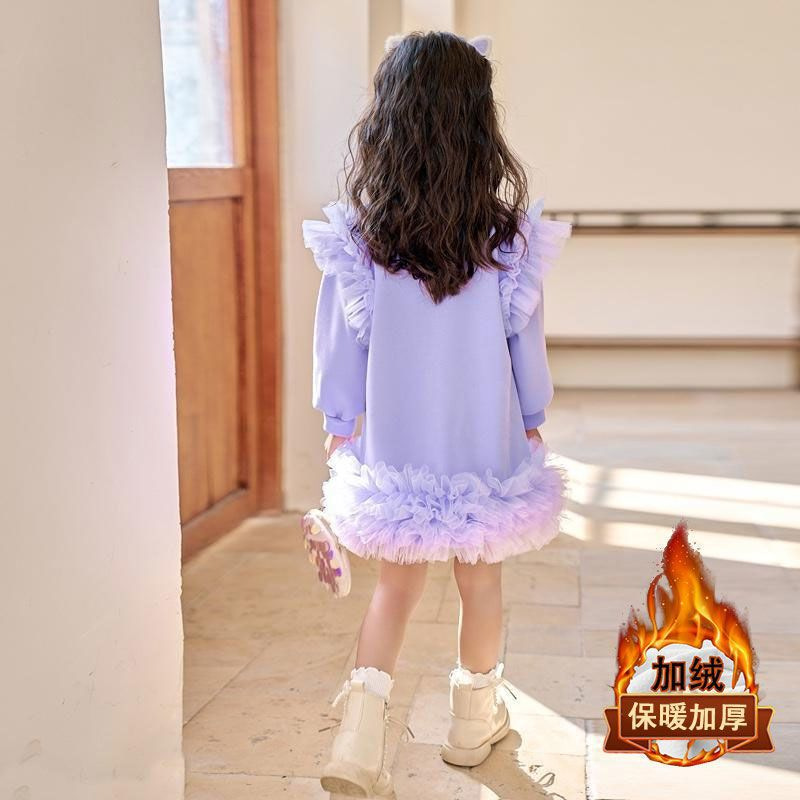 Picture of Girls' Autumn and Winter New fleece-lined dress 2024 New Middle and Large Children's Cartoon Mesh Stitching Western Style Mid-length Dress Trendy