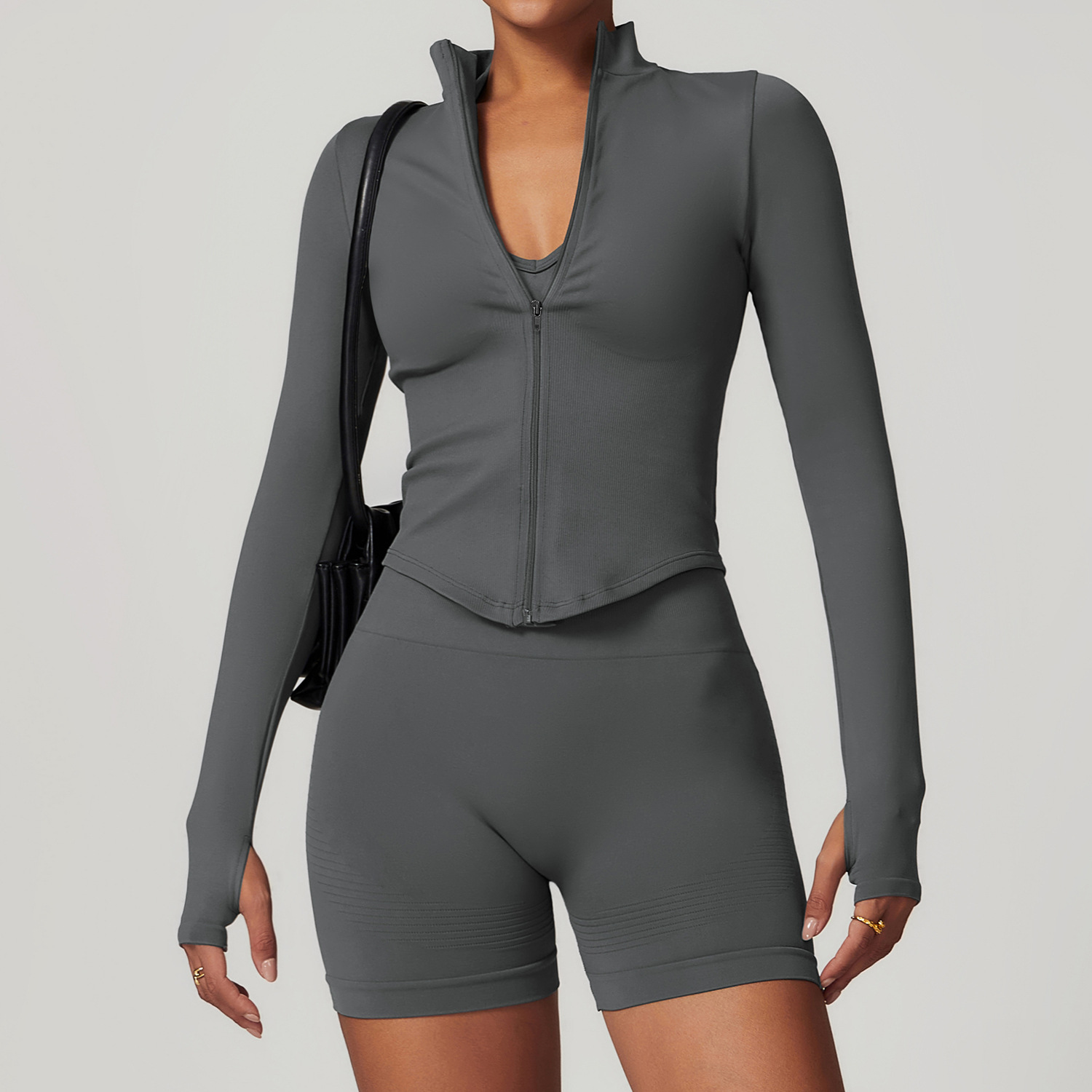 Picture of European and American stand collar zipper long sleeve yoga coat women's tight-fitting quick-drying yoga clothing outdoor fitness sports top 7725