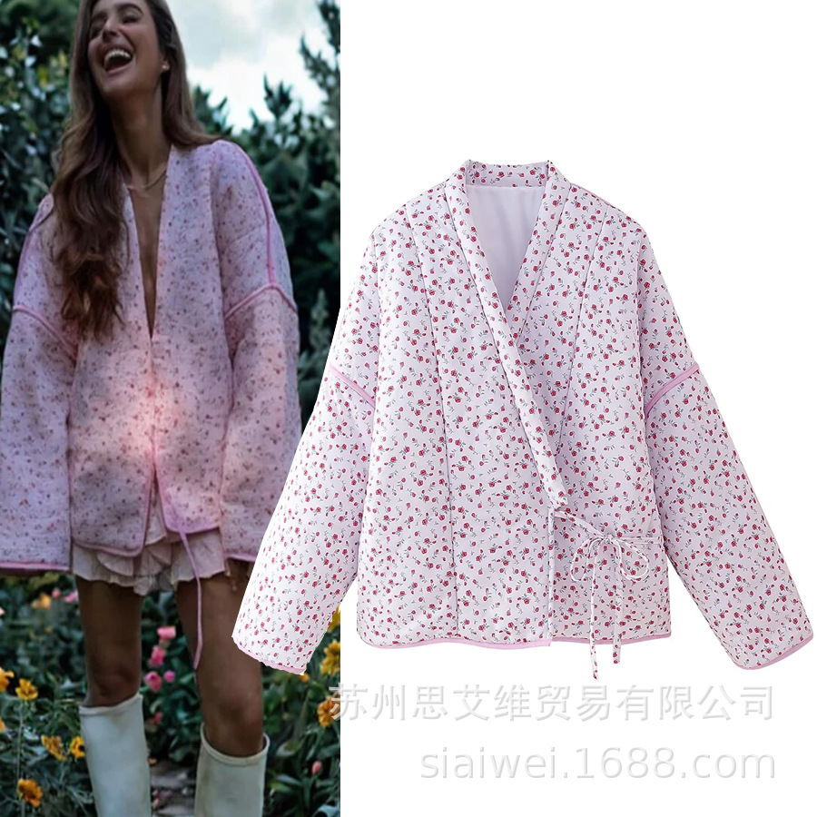 SAW AliExpress Cross-border Independent Station European and American Style Women's Street V-Neck Long Sleeve Small Floral Lace-up Cotton-padded Jacket