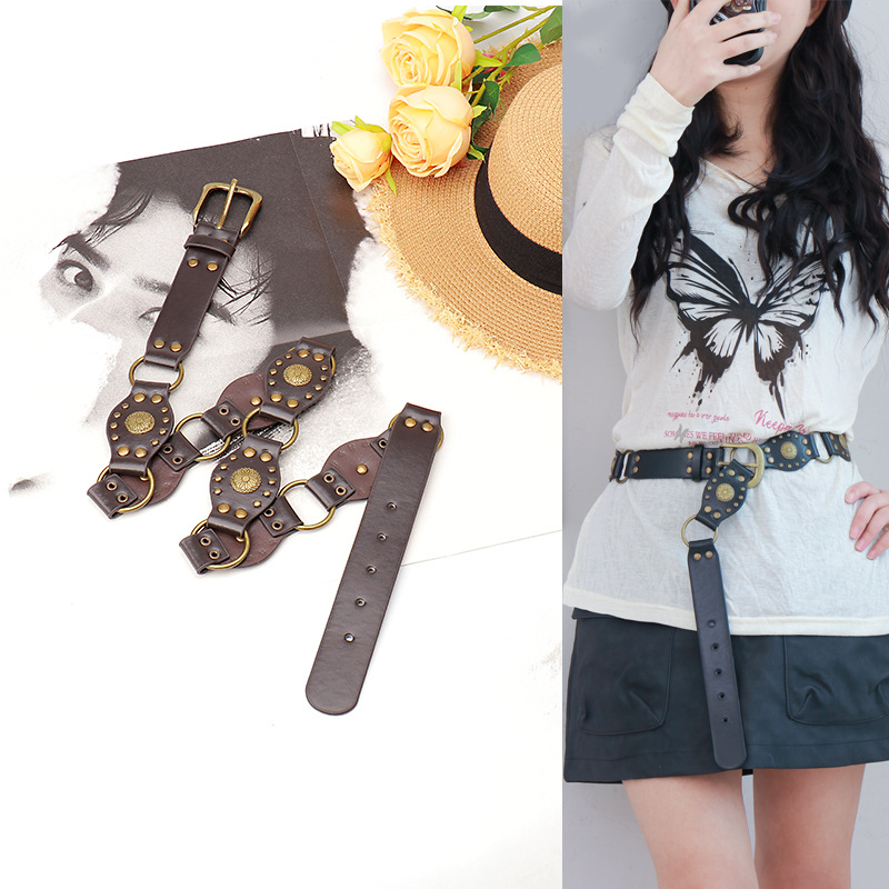 Retro Belt Women's American-style Heavy Industry Metal Hot Girl Rivet Eye Stitching Wide Waist Seal European and American Punk Distinctive Belt