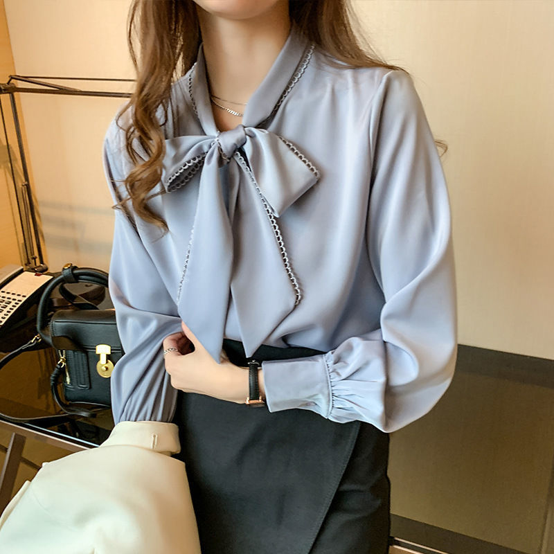 Picture of Shirt Women's Spring Imitation Satin Chiffon Shirt Women's Bow Loose Long-Sleeved Style Shirt
