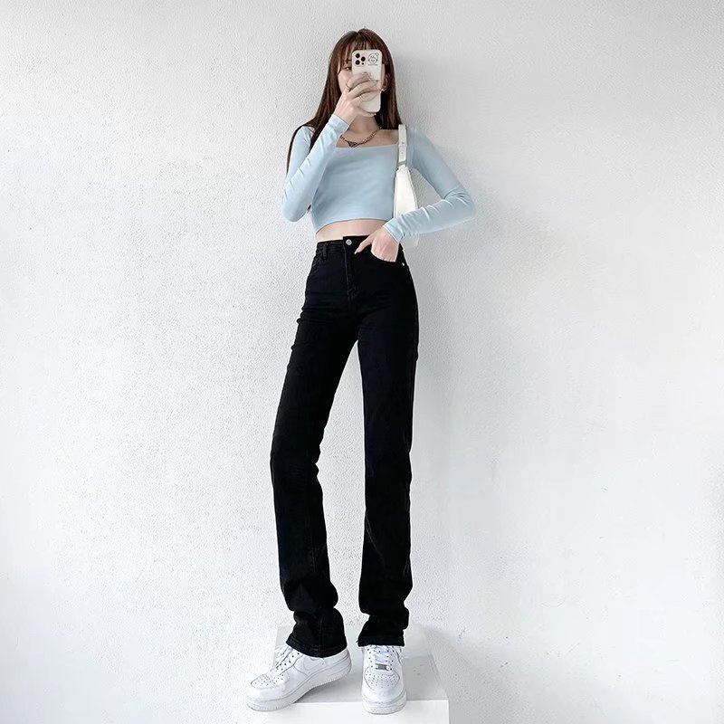 Black Jeans Women's 2023 Autumn and Winter New High Waist Slimming Narrow Wide Leg Loose Retro Fashionable Trousers