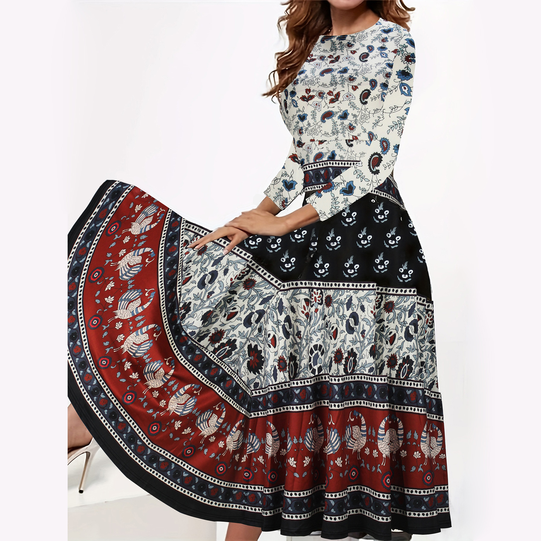 New Long Sleeve dress Crewneck plus size Women's Christmas Elements Print