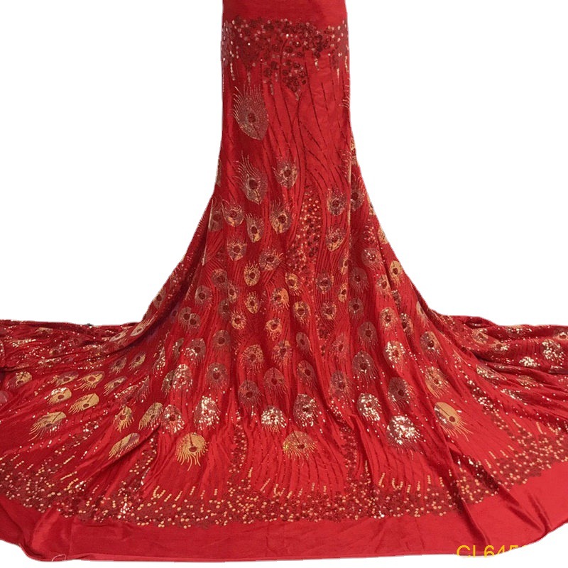 Texture Smooth Velvet Embroidered Sequins Peacock Hair Pattern High Set Dress Women's Skirt Fabric JX649
