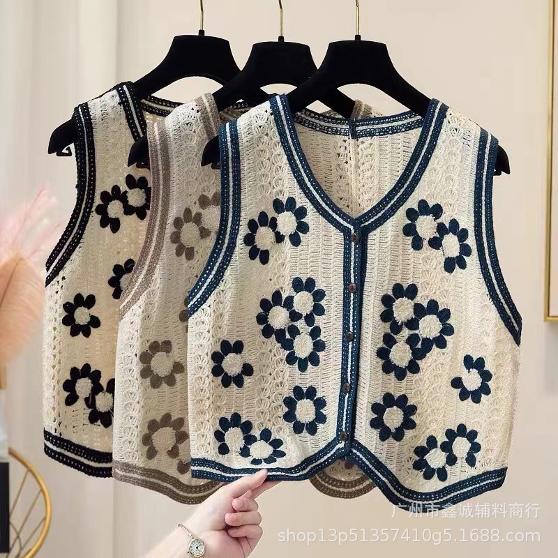 Picture of New Korean Style Knitted Vest Women's Vintage Embroidered Crochet Knitted Shirt Waistcoat Vest Sleeveless Jacket Spring and Summer