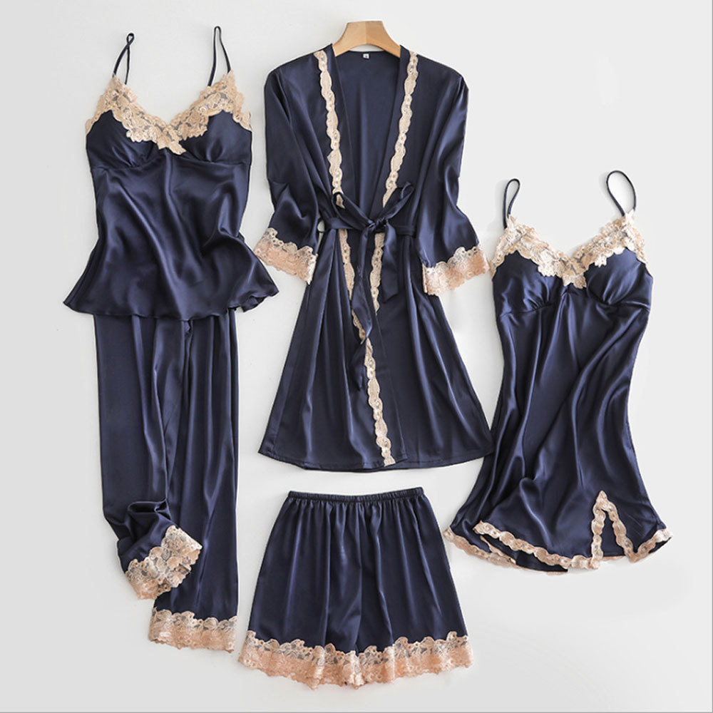 Picture of Spring and Autumn Pajamas Ice Silk Women's Spring and Summer Sexy Pajamas Five-piece Set Satin Nightgown Sling Nightgown with Chest Pad Home Clothes
