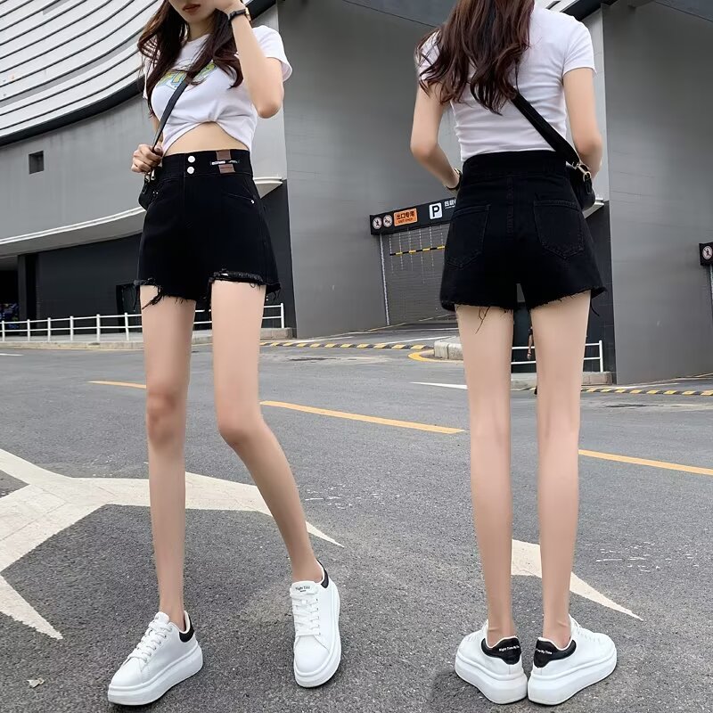Black Wide-leg A- shaped Denim Shorts Women's Summer 2024 New Style Slimming Ripped Ultra-short Hot Pants