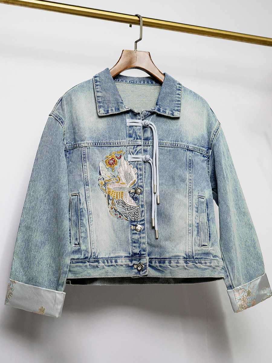 Picture of Sedu's New National Style Embroidered Sequined Denim Jacket for Women, Slim Fit, Short Cuffed Cuffs, Casual Soft Jacket