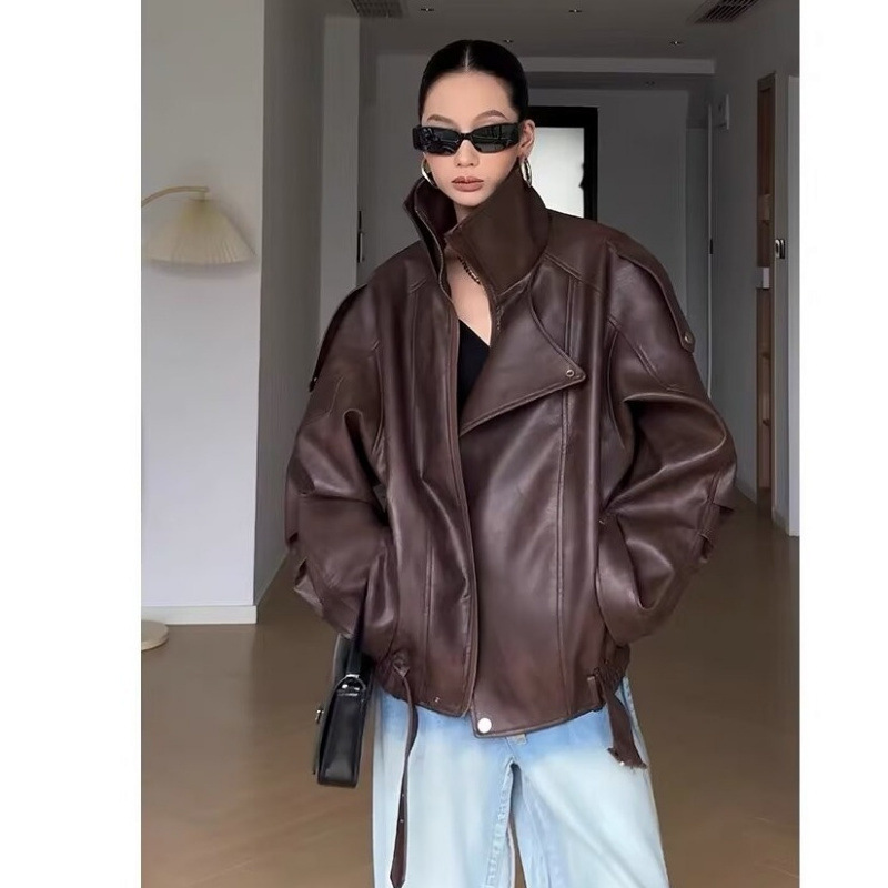 American Retro brown Leather Coat Women's Autumn 2024 New Loose Slim Jacket Biker Short Top