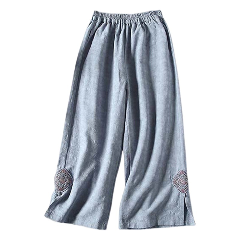 Spring and Summer 2024 New Artistic Retro Loose Thin Jacquard Wide Leg Pants Embroidered Buckle Solid Color Casual Cropped Pants