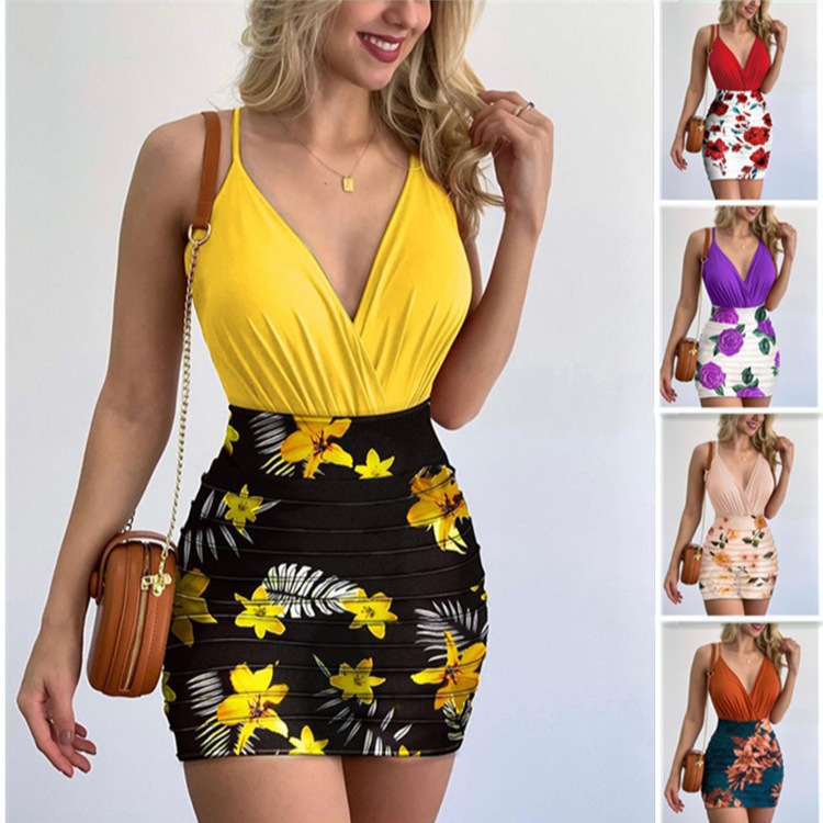 Europe and the United States cross-border new women's Amazon leotard and trend floral print skirt suit