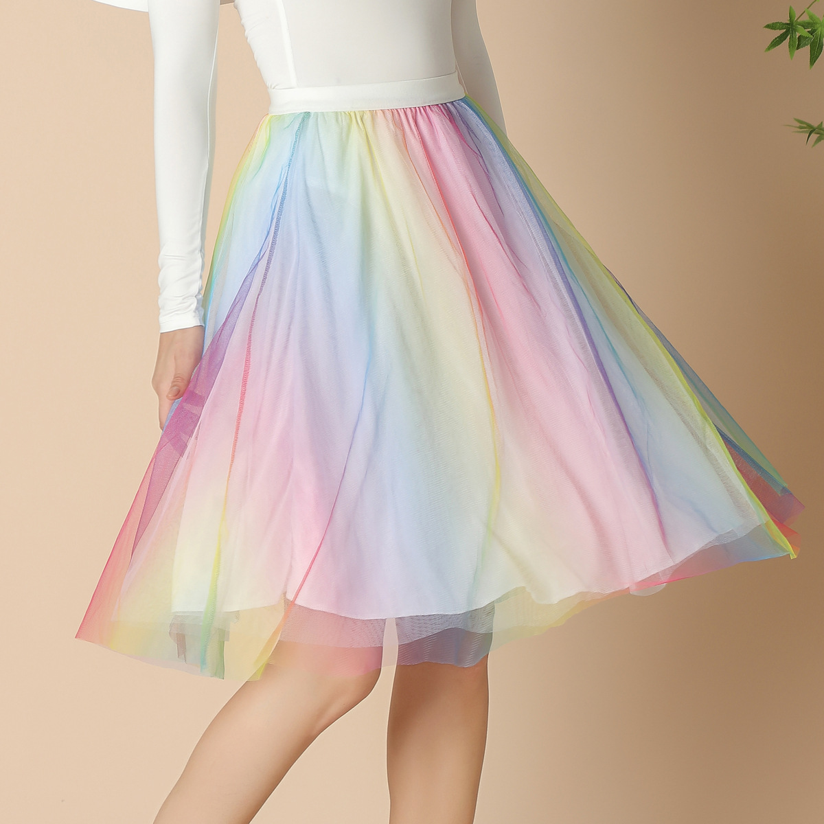 Cross-Border Half-Length A-Line Gauze Skirt Fairy Pleated Colorful Gradient Mesh Skirt Mid-Length Colorful Dot