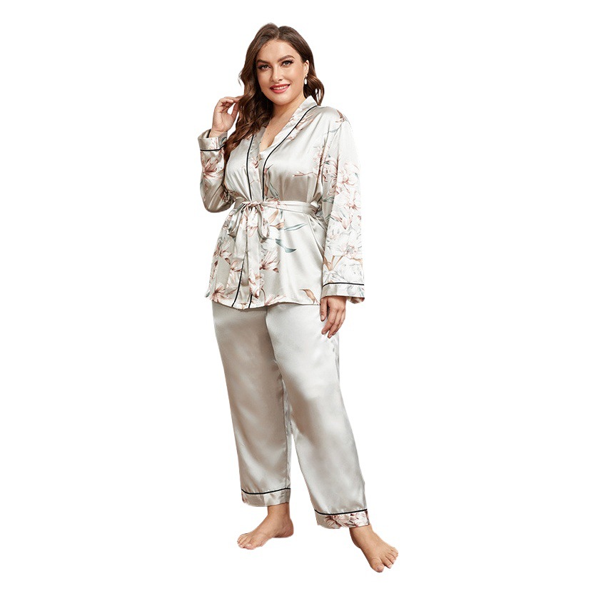 European and American Cross-border Large Size Pajamas Women's Cardigan Lace-up Nightgown Pajamas Casual Loose Household Women's Outfit Suit