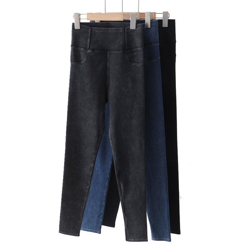 Picture of Denim Yoga Pants for Women in Autumn and Winter New High-Waisted Slim Black Pants for Outer Wear Tight Elastic Belly-Control Leggings