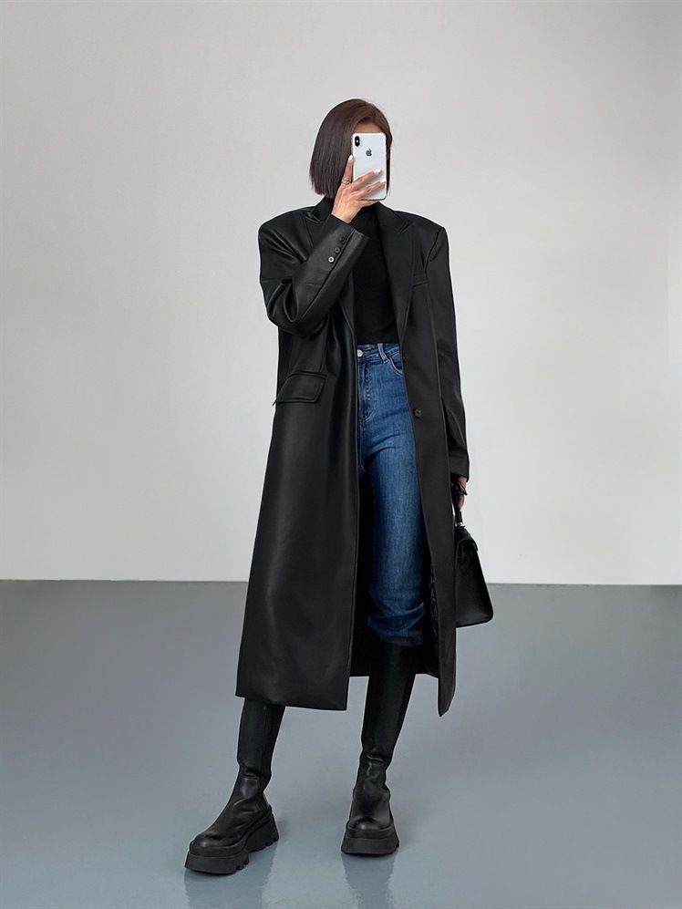 Picture of Long over-the-knee pu leather coat for women 2024 spring and autumn fashion all-matching loose slimming casual windbreaker fashion
