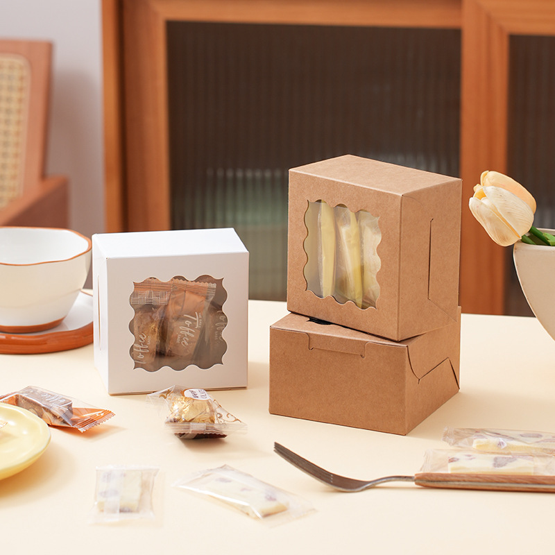 Cowhide White Transparent Small Window Cake Box Biscuit Packaging Box Muffin Box Pastry Box Snowflake Pastry Baking