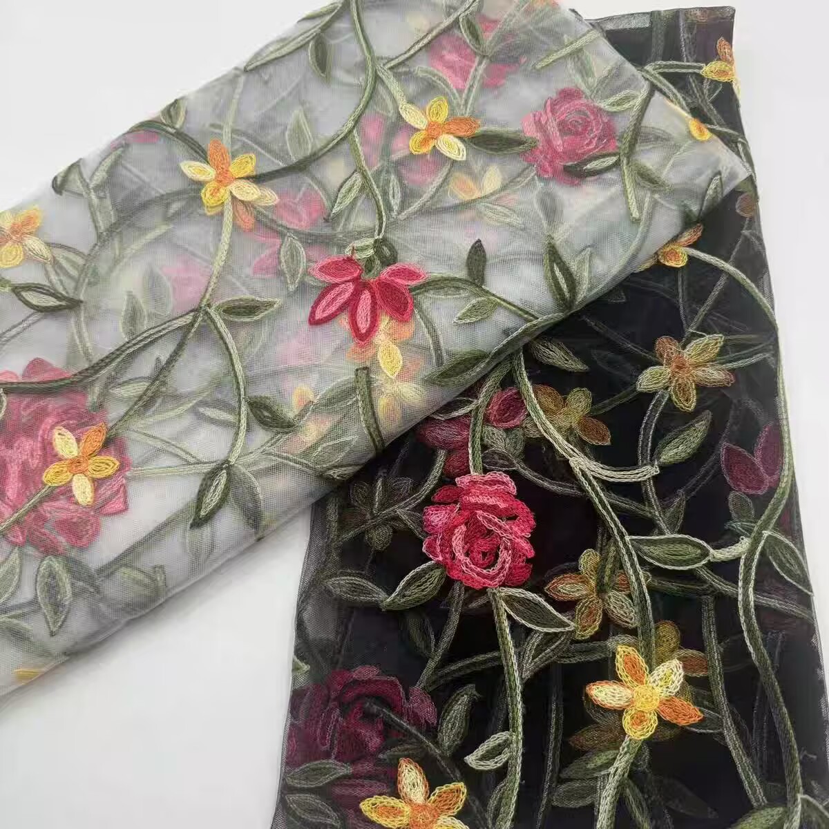 Mesh lace fabric, colorful three-dimensional rose embroidery, soft and skin-friendly women's and children's skirts, lace fabric