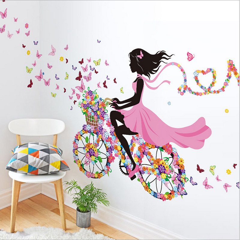 Bicycle flower fairy decorative back stickers girl elf butterfly English bedroom stickers wall stickers NC2-89