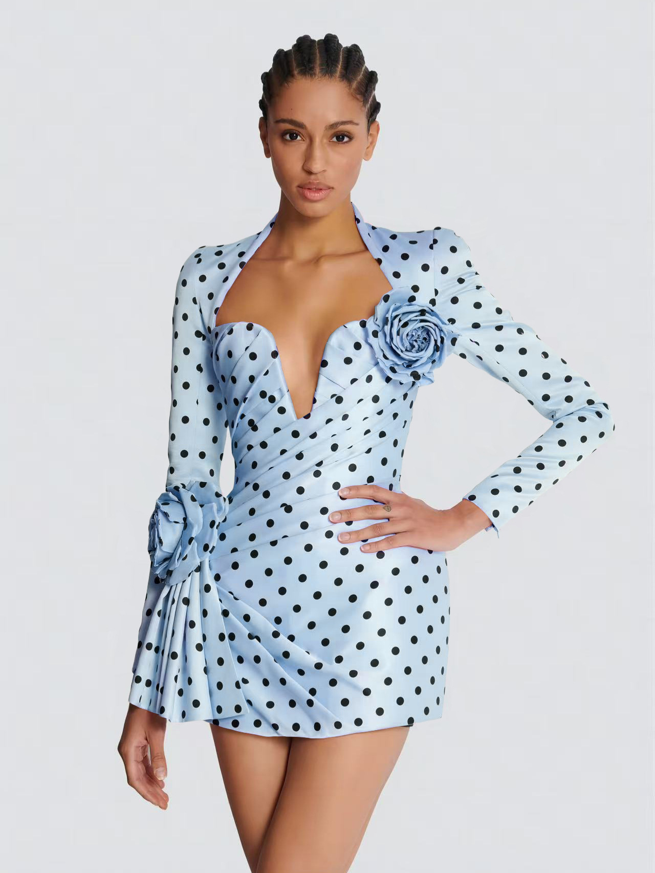 High-End European and American Cross-Border Women's Elegant Women's Deep V Neck Polka Dot Stereo Flower Pleated Waist Slim Dress for Women
