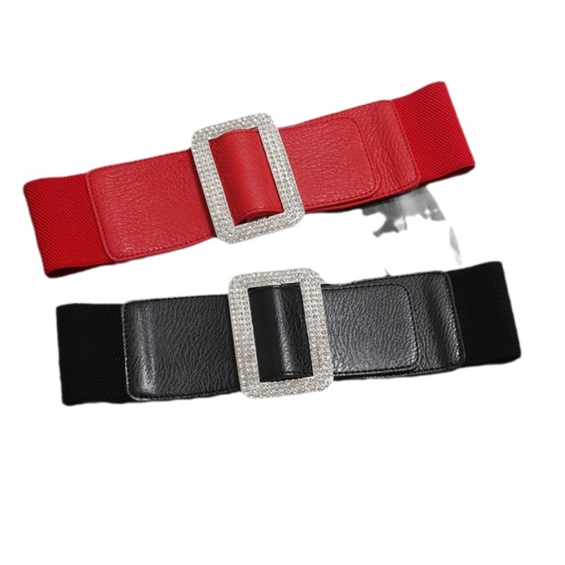 Fashion Joker flash diamond silver square buckle elastic waist PU leather belt with dress wide waist seal a generation of hair