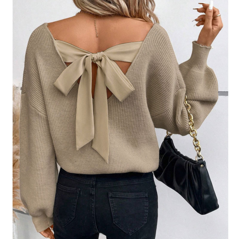 Picture of European and American cross-border women's V-neck solid color sweater, autumn foreign trade new long-sleeve casual loose bow top for women