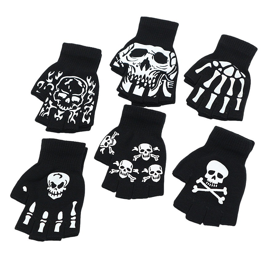 Cross-Border Holiday Gloves Ghost Claw Skull Unisex Half-Finger Warm Gloves Knitted Wool Halloween Gloves