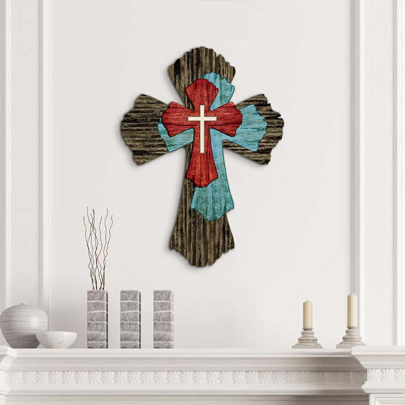 Cross-border New Easter Cross Wall Decoration Wooden Logo Pendant Country American Style Bedroom Wall Hanging Door Hanging
