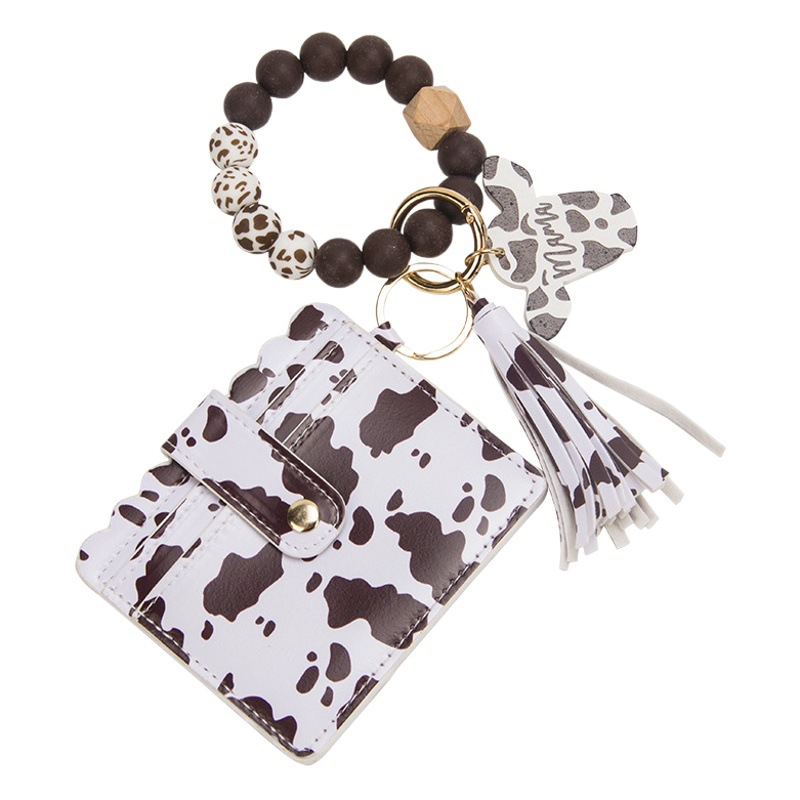 2023 Cross-border New MAMA Cow Head Silicone Bead Bracelet Card Bag Bracelet Leather Cow Head Wood Chip Keychain Hanging