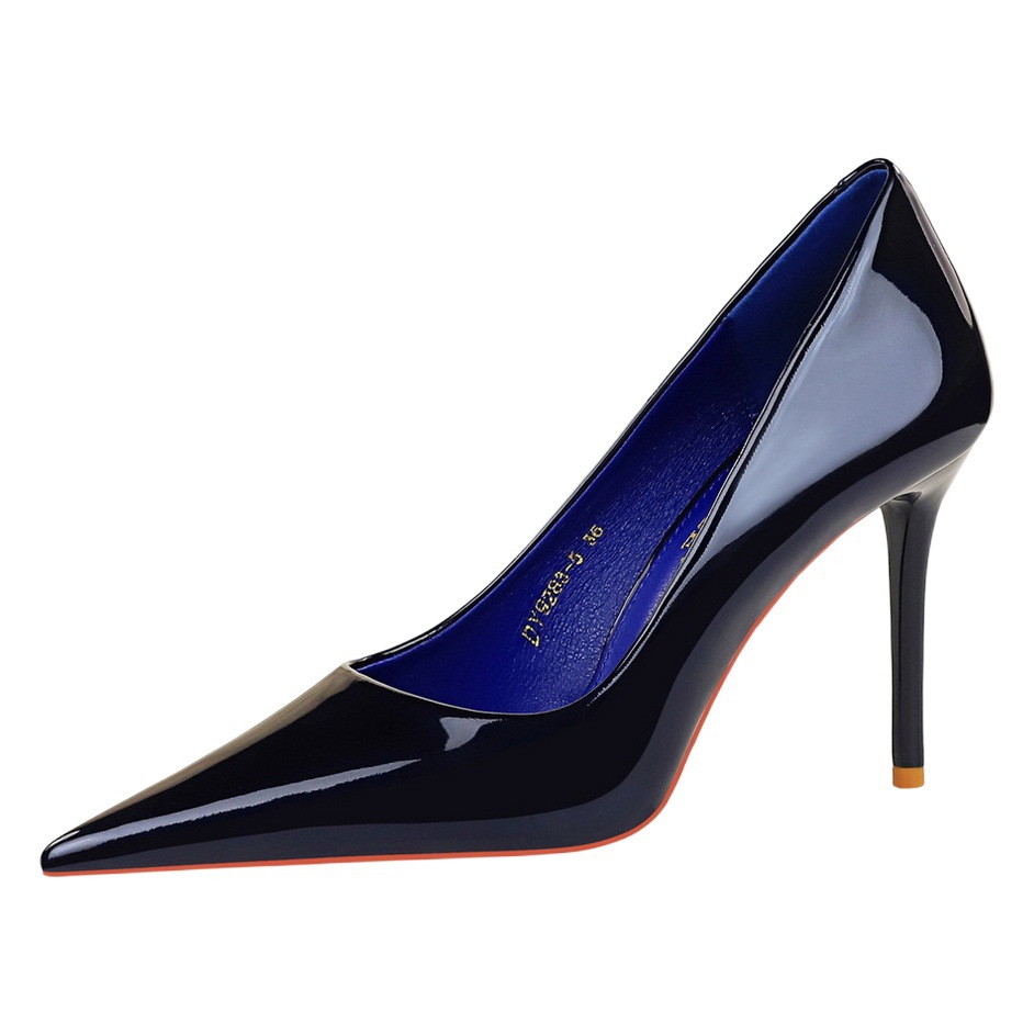 9283-5 European and American Style Fashionable Simple Slim High Heels Patent Leather Shallow Mouth Pointed Toe Flats Women's Shoes High Heel Flats for Women
