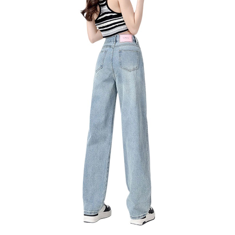 Pink Leather Brand Wide Leg Jeans Women's New Summer and Autumn Small High Waist Loose Dosing Casual Straight Pants