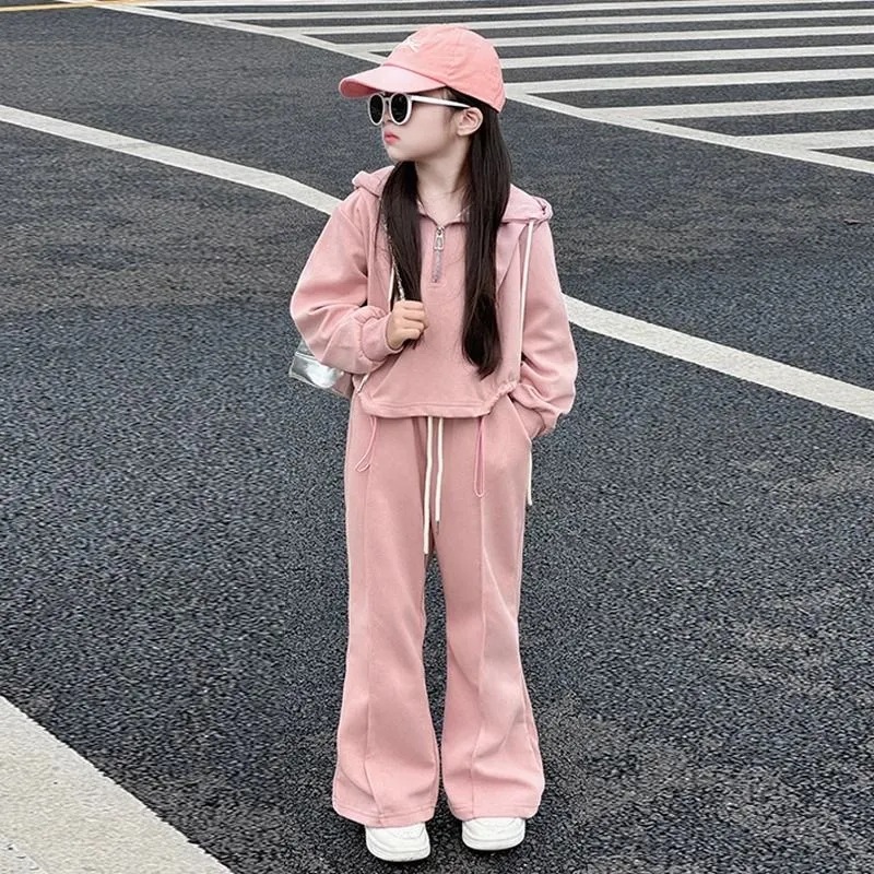 Girls Handsome Trendy Cool Leisure Sports Style suit Primary and Secondary School Students Spring and Autumn New Solid Color Hooded Two-piece Set