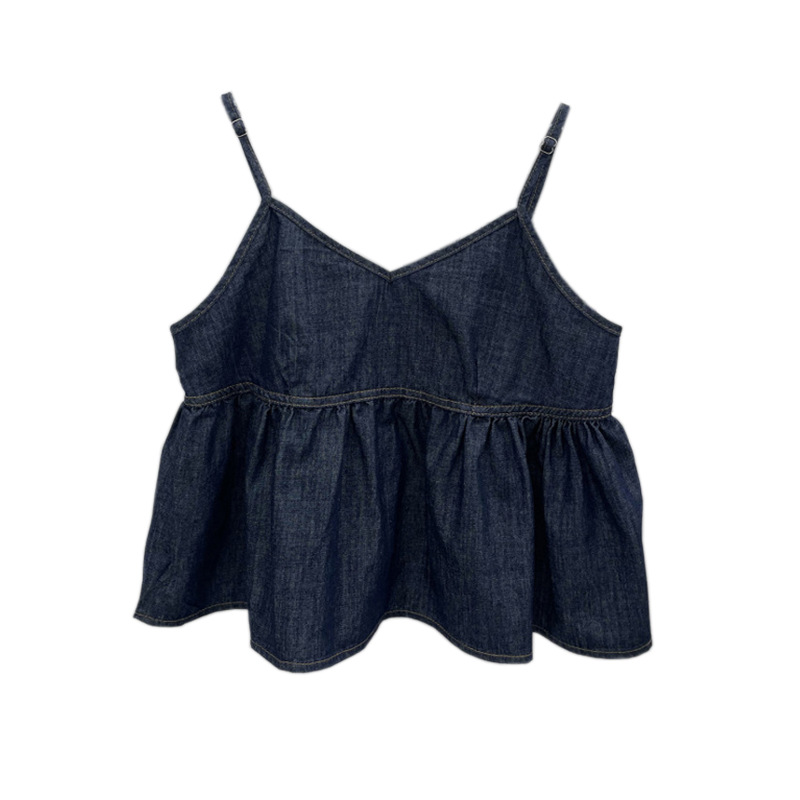 Picture of Pleated Design Ruffled V-neck Thin Denim Vest All-match Age-reducing Loose Outer Wear Sling Dark Top for Women