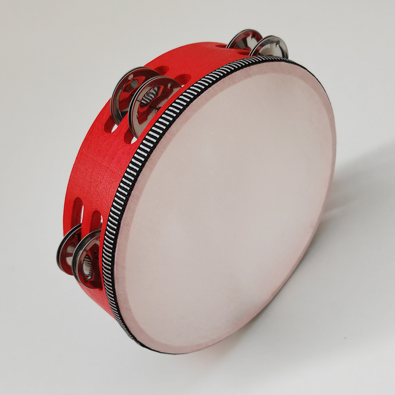 Picture of Wooden Double Row Tambourine Kidsren's Tambourine Percussion Instrument Imitation Goatskin Hand Drum Rattle Orff Musical Instrument Teaching Aids