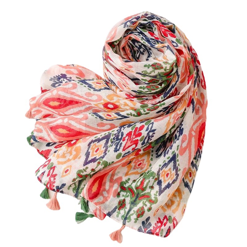 Picture of Suya Japanese Style Fresh Cotton and Linen Hand Scarf Scarf Bali Yarn Color Pop Geometric Shawl Scarf Women