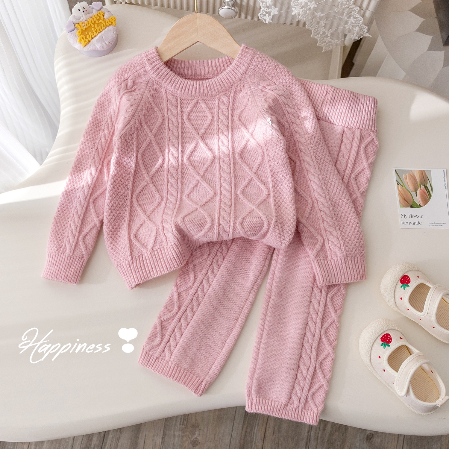 Girls Autumn and Winter New Thickened Knitted suit Fashionable Solid Color Jacquard Sweater Korean Style All-match Trendy Trousers Two-piece Set
