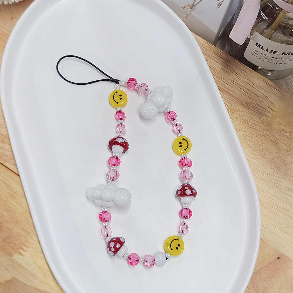 Ins Style Simple White Cloud Woven Beaded Smiley Mobile Phone Rope Short Fashionable Pink Mushroom Mobile Phone Chain Girl's Hanging Ornaments