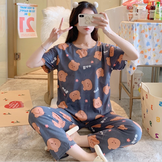 Picture of Pajamas Women's Spring and Autumn Summer Short-sleeved Trousers Large Size Loose Korean Style Fresh Cute Sweet Student Home Suit