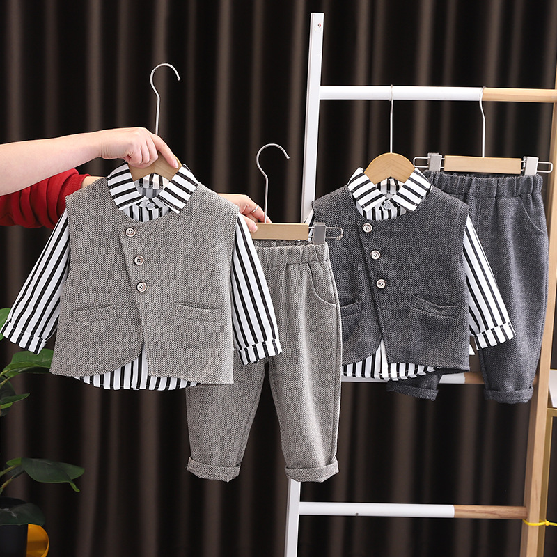 Boys' Spring suit New Fashion Korean Style Baby Vest Striped Shirt Children's Suit Vest Children's Wear Three-piece Set