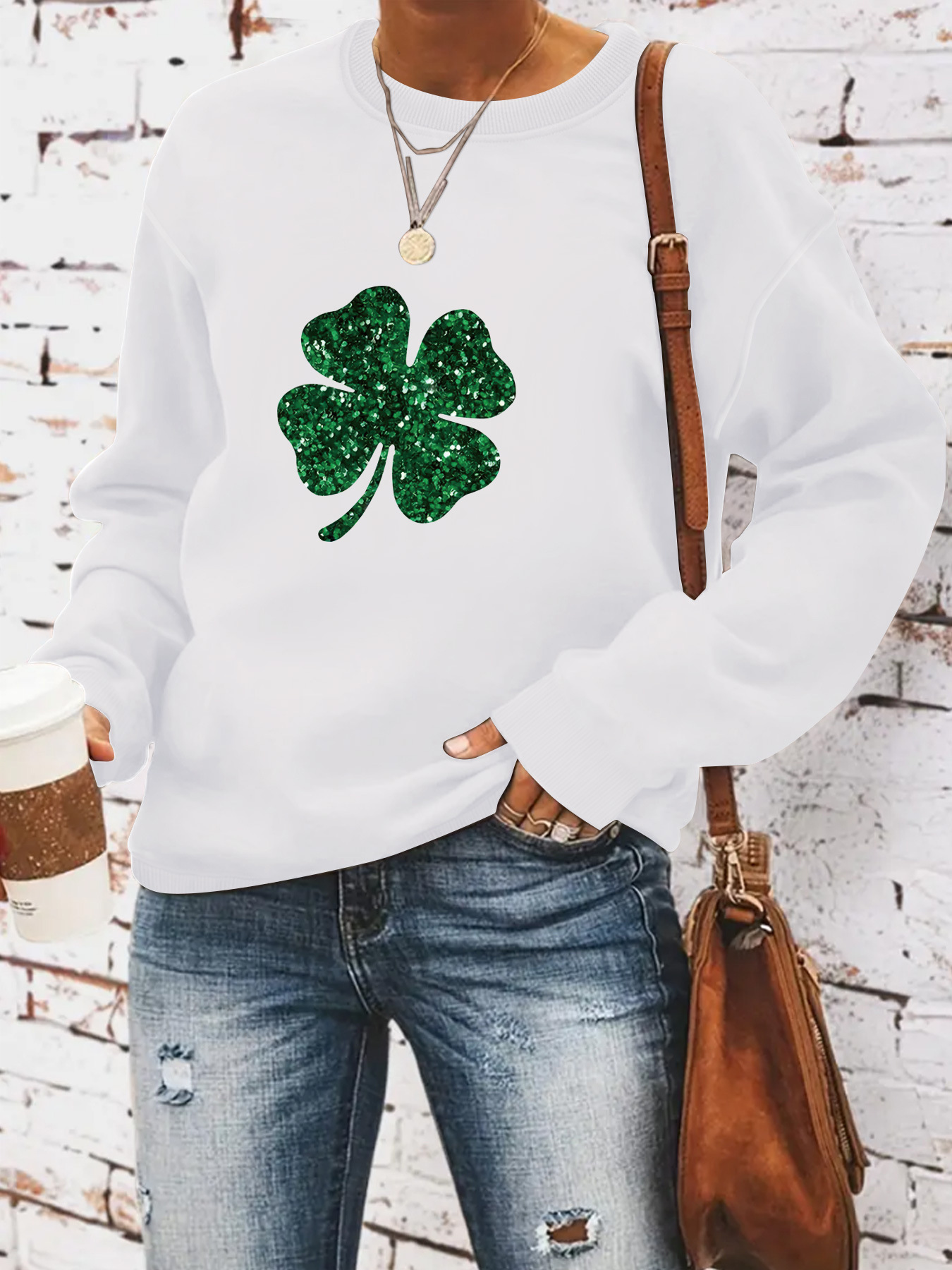 European and American Cross-border Autumn and Winter Women's Casual Long-sleeved Crewneck St. Patrick's Day Four-leaf Clover Pullover Sweatshirt Sweatshirt
